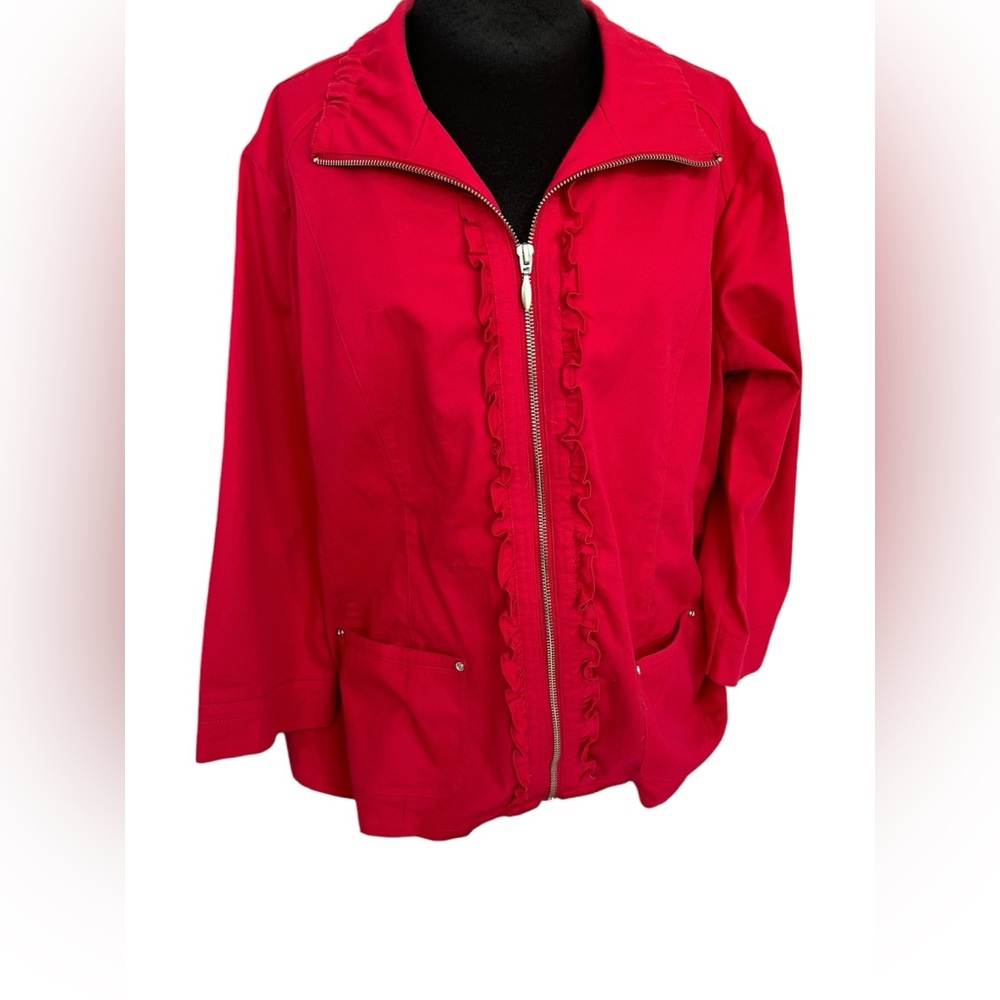 Christopher & Banks Shacket Jacket Full Zip Bright Red Ruffle XL 3/4 Sleeve